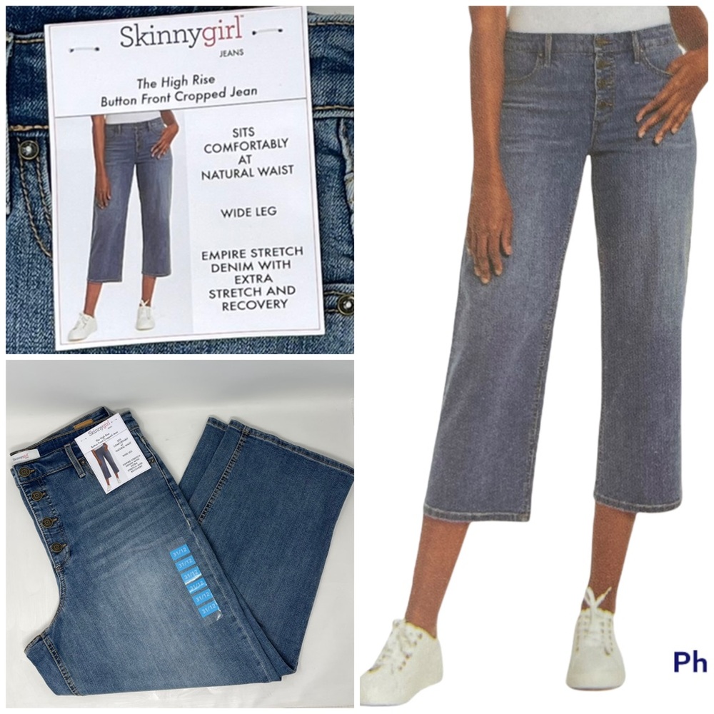 NWT! Skinny Girl High Rise Button Front Cropped Wide Leg Denim Stretch Jeans